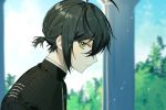  1boy ahoge alternate_hairstyle bangs black_hair black_jacket blurry blurry_background brown_eyes closed_mouth commentary_request danganronpa day depth_of_field expressionless from_side hair_between_eyes jacket looking_at_viewer male_focus new_danganronpa_v3 outdoors ponytail profile saihara_shuuichi short_ponytail sihye_(sihye1202) solo striped_jacket upper_body 