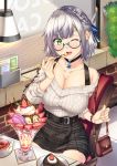  1girl bag belt bespectacled blush breasts cleavage collarbone commentary_request eating food glasses green_eyes hair_ornament highres hololive large_breasts looking_at_viewer one_eye_closed open_mouth parfait shirogane_noel shirokuma_a silver_hair sitting solo table window 