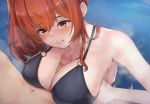  1boy 1girl azur_lane blush breasts censored eyebrows_visible_through_hair large_breasts long_hair o-ring o-ring_bikini onikokko paizuri red_hair side_ponytail swimsuit yellow_eyes zara_(azur_lane) zara_(poolside_coincidence)_(azur_lane) 