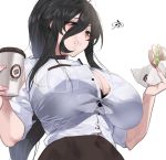  1girl :t bangs black_hair black_skirt blush bra bra_peek breasts button_gap chewing cleavage coffee_cup collared_shirt cup disposable_cup dress_shirt eating food food_in_mouth from_below hair_between_eyes high_ponytail holding holding_food large_breasts long_hair mimyo napkin office_lady open_clothes open_shirt original pink_nails sandwich shirt shirt_tucked_in sidelocks skirt sleeves_rolled_up underwear white_background white_shirt 