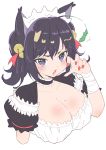  1girl absurdres animal_ears bell black_choker black_dress blush breasts cat_ears cat_teaser choker claw_pose cleavage copyright_request cropped_arms donguri_suzume dress fang fingernails hair_bell hair_ornament hand_up highres huge_breasts jingle_bell looking_at_viewer maid_headdress medium_breasts mole mole_on_breast nail_polish open_mouth puffy_short_sleeves puffy_sleeves purple_eyes purple_hair red_nails short_sleeves simple_background skin_fang solo twintails upper_body white_background 