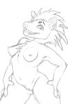  anthro black_and_white blade_(deblaria) breasts claws crested_porcupine deblaria fangs female genitals hands_on_hips hi_res hystricid looking_at_viewer mammal monochrome nipples piercing porcupine pussy rodent simple_background sketch smile solo spread_legs spreading tongue tongue_out white_background 