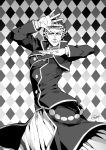  1boy alternate_design buttons collared_shirt fabulous fate/grand_order fate_(series) greyscale jojo_pose julius_caesar_(fate/grand_order) laurel_crown looking_at_viewer male_focus monochrome multiple_rings open_hands pose redrop roman_clothes shirt short_hair skinny smile 