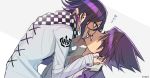  2boys artist_name bangs biting checkered checkered_neckwear checkered_scarf clenched_teeth collared_shirt commentary_request danganronpa facial_hair from_side grin jacket lip_biting long_sleeves looking_at_another male_focus momota_kaito multicolored_hair multiple_boys nagi_to_(kennkenn) new_danganronpa_v3 open_mouth ouma_kokichi purple_eyes purple_hair scarf shirt smile spiked_hair straitjacket teeth upper_body white_jacket white_shirt yaoi 