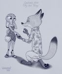  2020 absurd_res barefoot bodily_fluids bottomwear canid canine clothing disney dubstepina duo english_text female footwear fox hi_res high_heels inktober inktober_2020 jewelry judy_hopps kneeling lagomorph leporid looking_at_another male mammal monochrome necklace nick_wilde pants pawpads proposal purse rabbit red_fox shirt shoes smile standing tears text topwear zootopia 