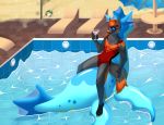  2020 absurd_res alcohol anthro artwork_(digital) ball beach beverage canid canine canis clothing cocktail eyewear force_(character) glasses hi_res inflatable juliy_miuliy male mammal one-piece_swimsuit pool_(disambiguation) pool_toy puffypaws seaside solo swimwear volleyball_(ball) wolf 