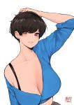  1girl bangs blue_shirt bra_strap breasts brown_eyes brown_hair cleavage collarbone cropped_shirt earrings english_commentary hand_on_head highres jewelry large_breasts midriff norman_maggot off_shoulder olive_laurentia original parted_lips pink_lips pixie_cut shirt short_hair unbuttoned unbuttoned_shirt white_background 