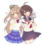  2girls :d ahoge bangs blue_skirt blush bow brown_eyes brown_hair character_name commentary_request cropped_legs crossover dalrye_v3 danganronpa green_bow hair_bow long_hair looking_at_viewer love_live! microphone minami_kotori multiple_girls naegi_komaru one_side_up open_mouth plaid plaid_skirt pleated_skirt sailor_collar school_uniform serafuku shirt shirt_tucked_in short_hair short_sleeves simple_background skirt smile white_background white_shirt zettai_zetsubou_shoujo 