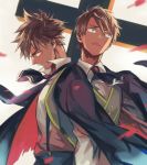  2boys :o aqua_eyes black_capelet black_neckwear brown_hair capelet cravat cross dual_persona fate/grand_order fate/prototype fate/prototype:_fragments_of_blue_and_silver fate_(series) grin head_tilt jekyll_and_hyde_(fate) looking_away male_focus multiple_boys open_mouth profile red_eyes shirt simple_background smile suspenders upper_body white_background white_shirt yamakawatani 