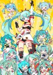  1girl aqua_eyes aqua_hair bare_shoulders boots breasts elbow_gloves eyebrows_visible_through_hair full_body fuusen_neko gloves goodsmile_racing hatsune_miku headphones headset highres long_hair looking_at_viewer multiple_views open_mouth race_queen racing_miku skirt small_breasts smile tagme thigh_boots thighhighs twintails very_long_hair vocaloid 