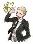  1boy arm_up artist_name bangs black_neckwear blonde_hair collared_shirt cropped_torso danganronpa freckles kuzuryuu_fuyuhiko looking_at_viewer male_focus nagi_to_(kennkenn) necktie open_mouth shirt short_hair simple_background solo striped super_danganronpa_2 vertical_stripes very_short_hair white_background white_shirt yakuza yellow_eyes 