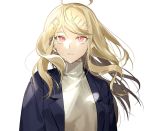  1girl ahoge akamatsu_kaede alternate_costume bangs beige_sweater black_jacket blonde_hair commentary_request danganronpa eighth_note expressionless floating_hair hair_ornament jacket long_hair looking_at_viewer messy_hair musical_note musical_note_hair_ornament new_danganronpa_v3 open_clothes open_jacket pink_eyes ribbed_sweater sihye_(sihye1202) simple_background solo sweater upper_body white_background 
