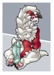  altenusy anthro balls border butt canid canine canis claws clothed clothing digital_media_(artwork) dildo fluffy fur genitals halloween holidays lycanroc male mammal midnight_lycanroc nintendo pok&eacute;mon pok&eacute;mon_(species) sex_toy simple_background smile solo video_games were werecanid werecanine werewolf white_body white_border white_fur wolf 