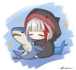 1girl admiral_graf_spee_(azur_lane) artist_request azur_lane chibi fish_tail full_body highres holding holding_stuffed_toy multicolored_hair red_hair shark shark_tail short_hair signature sleeping solo streaked_hair stuffed_animal stuffed_shark stuffed_toy tail white_hair 