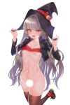  1girl :d absurdres areola_slip areolae bandeau black_footwear black_headwear black_jacket bottomless breasts brown_legwear cropped_jacket dungeon_and_fighter grey_hair groin hands_on_headwear hands_up hat highres jacket leg_up light_censor long_hair long_sleeves looking_at_viewer navel open_clothes open_jacket open_mouth pointy_ears red_eyes shoes sidelocks simple_background skindentation skulllee small_breasts smile solo stomach thighhighs very_long_hair white_background witch_hat 