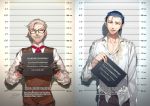  2boys alternate_costume collarbone collared_shirt cowboy_shot cravat facial_hair fate/grand_order fate_(series) formal height_chart highres holding holding_sign james_moriarty_(fate/grand_order) male_focus messy_hair mugshot multiple_boys mustache old_man open_clothes open_shirt redrop sherlock_holmes_(fate/grand_order) shirt sign silver_hair smirk tired translation_request vest white_shirt 