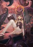  1girl bangs black_gloves book dress gloves hair_ornament halo highres holding holding_book hololive hololive_english long_hair looking_at_viewer low_wings necktie ninomae_ina&#039;nis pointy_ears purple_eyes renkoma ruins sandals sitting smile solo tentacle_hair tentacles thighhighs very_long_hair virtual_youtuber white_hair white_legwear wings 