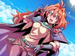  1girl :d armor breasts cape earrings fang gloves headband jewelry lina_inverse long_hair looking_at_viewer open_mouth orange_hair red_eyes shoulder_armor slayers smile solo tukiwani v 