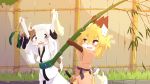  16:9 2020 aogitsune_jitto bamboo blush canid canine clothing domestic_cat duo felid feline felis female fox holding_object mammal melee_weapon open_mouth outside smile sword weapon widescreen young 