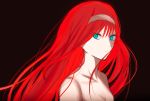  1girl black_background blue_eyes breasts cleavage collarbone expressionless highres long_hair looking_at_viewer nude pikaremon red_hair small_breasts solo tohno_akiha tsukihime upper_body vermillion_akiha 