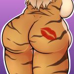  1:1 anthro belly breasts brown_hair brown_stripes butt felid female fur glitchthegothkidd hair kiss_mark kissing lipstick_on_butt lisa_(tiger) low_res mammal multicolored_hair nude orange_body orange_fur overweight pantherine solo stripes tiger trans_(lore) trans_woman_(lore) two_tone_hair 