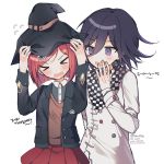  &gt;_&lt; 1boy 1girl arms_up artist_request bangs black_hair black_headwear black_jacket blush brown_sweater_vest checkered checkered_neckwear checkered_scarf closed_eyes commentary_request dalrye_v3 danganronpa double-breasted dress_shirt gem hair_between_eyes hair_ornament hand_up hands_on_headwear hat jacket long_sleeves new_danganronpa_v3 open_mouth ouma_kokichi pleated_skirt purple_eyes purple_hair red_hair red_skirt repost_notice scarf school_uniform shirt short_hair simple_background skirt smile straitjacket sweater_vest translation_request upper_body whispering white_background white_jacket white_shirt witch_hat yumeno_himiko 
