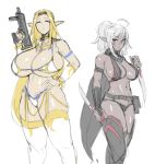  2girls ahoge armor bikini bikini_armor black_bikini black_legwear black_scarf blonde_hair breasts circlet cleavage closed_eyes commentary dark_elf dual_wielding elf english_commentary eu03 gigantic_breasts grey_skin gun holding huge_ahoge large_breasts long_hair long_pointy_ears multiple_girls navel original pointy_ears ponytail red_eyes reverse_grip scarf short_sword silver_hair sketch standing submachine_gun swimsuit sword thick_thighs thighhighs thighs underboob vambraces very_long_hair weapon white_bikini white_legwear 