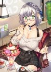  1girl bag belt bespectacled blush breasts cleavage collarbone commentary_request eating food glasses green_eyes hair_ornament highres hololive large_breasts looking_at_viewer parfait shirogane_noel shirokuma_a silver_hair sitting smile solo table window 