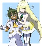  1boy 1girl bangs bare_arms blonde_hair blush clenched_teeth closed_mouth commentary_request dark_skin dark_skinned_male flying_sweatdrops gloves green_eyes hair_between_eyes hair_over_one_eye hands_on_another&#039;s_shoulders hau_(pokemon) heart janis_(hainegom) long_hair looking_at_viewer lusamine_(pokemon) pants pokemon pokemon_(game) pokemon_sm sleeves_rolled_up smile teeth white_gloves white_pants 