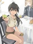  2girls belt black_hair blush brown_eyes brown_shorts chair collared_shirt commentary_request croissant crop_top crop_top_overhang food fruit grey_shirt holding holding_food idol_witches kiwifruit knife light_brown_hair long_hair looking_at_viewer manaia_matawhaura_hato maria_magdalena_dietrich micro_shorts midriff military military_uniform multiple_girls navel open_mouth ponytail shirt shorts sitting sleeves_rolled_up spoon stomach thighs twitter_username uniform world_witches_series wss_(32656138) 