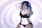  anthro blue_eyes blue_hair breasts eyebrows eyelashes felid feline female fur grey_body grey_fur hair hi_res mammal midriff navel oduvan773 pink_nose smile smu solo 