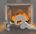  anthro blue_eyes breasts butt canid canine canis cozy digital_media_(artwork) female fireplace hair kida_howlette kida_howlette_(character) looking_at_viewer lying mammal nude piercing side_boob side_view smile smiling_at_viewer solo white_hair wolf 