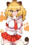  1girl animal_ears blonde_hair blush cowboy_shot eyebrows_visible_through_hair fur_collar highres kemono_friends lion_(kemono_friends) lion_ears lion_girl lion_tail long_hair necktie ngetyan plaid plaid_neckwear plaid_skirt plaid_trim pleated_skirt red_neckwear red_skirt school_uniform shirt short_sleeves skirt solo t-shirt tail thighhighs white_fur white_legwear white_shirt yellow_eyes zettai_ryouiki 