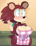 2020 5_fingers animal_crossing anthro apron apron_only big_breasts big_ears big_eyes biped black_eyes black_nose blush breasts brown_body brown_fur brown_hair cleavage clothed clothing curvy_figure dark_fur eulipotyphlan female fingers front_view fur gloves_(marking) hair hedgehog hi_res humanoid_hands light_skin mammal markings mostly_nude nintendo o_o pale_skin partially_clothed pattern_clothing pink_clothing plaid plaid_clothing portrait sable_able short_tail slightly_chubby somescrub standing striped_tail stripes surprise tan_body tan_skin three-quarter_portrait ticket video_games voluptuous wide_hips 