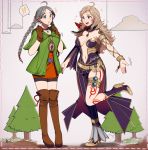  2girls blonde_hair boots braid breasts cia_(hyrule_warriors) cia_(hyrule_warriors)_(cosplay) cloud cosplay grey_hair high_heels linkle linkle_(cosplay) long_hair medium_breasts multiple_girls nina_(fire_emblem) ophelia_(fire_emblem) pine_tree shugo_(desire-drive) thigh_boots thighhighs tree 