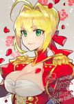  1girl ahoge blonde_hair braid breasts cleavage copyright_name epaulettes fate/extra fate/grand_order fate_(series) french_braid green_eyes hair_intakes large_breasts nero_claudius_(fate)_(all) petals red_ribbon redrop ribbon rose_background rose_petals smile solo upper_body 