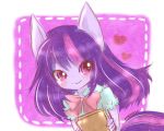  animal_ears artist_name blouse blue_blouse blush book bow commentary eyebrows_visible_through_hair eyelashes heart holding holding_book horse_ears horse_tail long_hair my_little_pony neko_baby personification purple_eyes purple_hair red_bow simple_background smile tail twilight_sparkle upper_body 