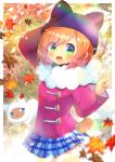 1girl :d animal animal_ears animal_hat arm_behind_head arm_up autumn_leaves bangs black_headwear blue_eyes blue_skirt blurry blurry_background blurry_foreground blush brown_hair cat character_request depth_of_field fake_animal_ears fur_collar green_eyes hat index_finger_raised jacket kouu_hiyoyo leaf long_sleeves maple_leaf open_mouth pink_jacket plaid plaid_skirt pleated_skirt pop&#039;n_music skirt smile solo swept_bangs thigh_gap wide_sleeves 