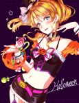  1girl :d ayase_eli bangs belt black_choker black_headwear black_skirt blonde_hair blue_eyes blush bow breasts choker collarbone cowboy_shot floating_hair garter_straps hair_between_eyes halloween halloween_costume hat hat_bow head_tilt highres long_hair looking_at_viewer love_live! love_live!_school_idol_project medium_breasts midriff mini_hat miniskirt navel niro_(sikabanekurui) open_mouth pencil_skirt pink_belt ponytail pumpkin purple_background shiny shiny_hair skirt smile solo standing stomach very_long_hair white_bow witch_hat wrist_cuffs 