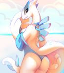 2d10 anthro anthrofied backless_dress backless_outfit beach blush breasts butt clothing female hi_res legendary_pok&eacute;mon looking_at_viewer looking_back lugia nintendo outside pok&eacute;mon pok&eacute;mon_(species) pok&eacute;morph seaside swimwear video_games 