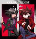  2boys alternate_hair_color bangs belt belt_buckle black_belt black_jacket black_pants black_shirt blue_pants brown_eyes brown_hair buckle clenched_teeth cosplay duel_academy_uniform_(yu-gi-oh!_gx) hair_between_eyes jacket male_focus manjoume_jun manjoume_jun_(cosplay) multiple_boys open_clothes open_jacket open_mouth pants purple_shirt red_jacket shiny shiny_hair shirt sitting sk816 spiked_hair sweatdrop teeth yu-gi-oh! yu-gi-oh!_gx yuuki_juudai yuuki_juudai_(cosplay) 