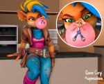  3d_(artwork) activision anthro bandicoot blonde_hair candy clothed clothing coco_bandicoot crash_bandicoot_(series) dessert digital_media_(artwork) duo ear_piercing female female/female female_focus food growth gum hair humanoid invalid_tag large_female macro mammal marsupial micro piercing pirate_tawna queen-corgi size_difference smaller_female source_filmmaker sticky stuck tawna_bandicoot trapped video_games 
