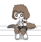  &gt;:) :d animal_ears brown_hair brown_shorts commentary dog dog_boy dog_ears dog_tail english_commentary furry multicolored_hair open_mouth original pawpads potatobud shirt short_hair shorts simple_background sitting smile socks tail two-tone_hair v white_hair white_legwear white_shirt 