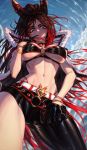  1girl absurdres black_hair blue_eyes borrowed_character breasts english_commentary fang from_below highres jin_grey_paladin large_breasts long_hair looking_down midriff multicolored_hair navel original red_hair solo tied_hair underboob 