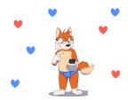  &lt;3 4:3 anthro blue_clothing blue_heart blue_underwear blue_undies blush bulge canid canine clothing embarrassed fivey_fox fox hi_res holding_object holding_phone keysquid male mammal nervous nervous_sweat phone red_heart shadow solo underwear 