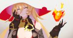  1girl blonde_hair fire gohan_(gohanchang) hat highres holding_flame long_hair looking_to_the_side nijisanji nui_sociere solo virtual_youtuber witch witch_hat yellow_eyes 