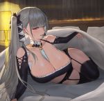  1girl absurdres azur_lane bangs bare_shoulders bed_sheet between_breasts black_bra black_legwear black_panties bra breasts cleavage collarbone detached_sleeves formidable_(azur_lane) grey_hair hair_ribbon highres hood_(james_x) lamp large_breasts long_hair looking_at_viewer on_bed panties red_eyes ribbon smile thighhighs twintails two-tone_ribbon underwear very_long_hair 