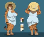  absurd_res anthro belly brown_stripes butt chubby_female clothed clothing dress felid female footwear fur green_eyes hair hat headgear headwear hi_res invalid_tag lisa_(tiger) mammal model_sheet multicolored_hair orange_body orange_fur overweight overweight_female pantherine paws pose sandals solient solo stripes summer_dress summer_hat sun_hat tiger tight_clothing trans_(lore) trans_woman_(lore) two_tone_hair 