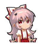  1girl bow bug chibi chinese_commentary collared_shirt commentary_request dot_mouth eyebrows_visible_through_hair fly fujiwara_no_mokou hair_between_eyes hair_bow insect long_hair looking_up lowres meme mosquito pants red_eyes red_pants shangguan_feiying shirt short_sleeves solo suspenders touhou very_long_hair white_background 