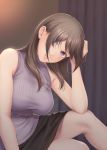  1girl bangs bare_shoulders black_skirt breasts brown_hair curtains edogawa_roman elbow_on_knee grey_sweater hair_over_one_eye hand_up head_rest head_tilt highres indoors knee_up lips long_hair looking_at_viewer medium_breasts mole mole_under_mouth original pencil_skirt purple_eyes ribbed_sweater sitting skirt sleeveless sleeveless_turtleneck smile solo sweater sweater_vest taut_clothes turtleneck turtleneck_sweater 